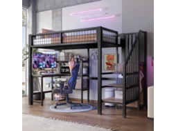 Cama Alta Metal 90x200 Com Roupeiro E Prateleiras Pretas