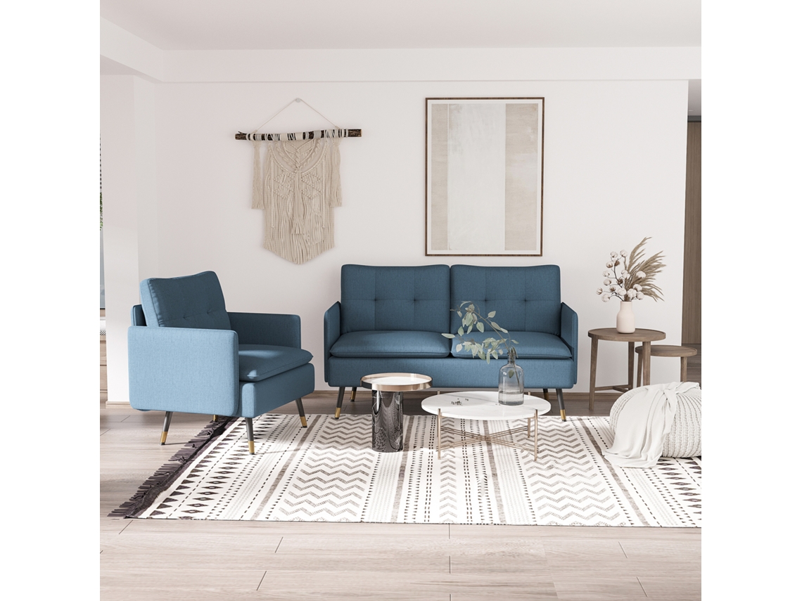 Poltrona Moderna Para Sala De Estar E Quarto Com Assento Acolchoado E Tecido Com Efeito Linho, 72x70x80 Cm, Azul.