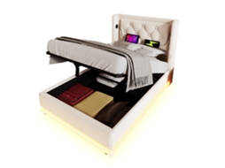 Cama de solteiro estofada 90x200cm em algodão bege com armazenamento hidráulico, cabeceira com usb, led, inclui colchão PAPRIKA