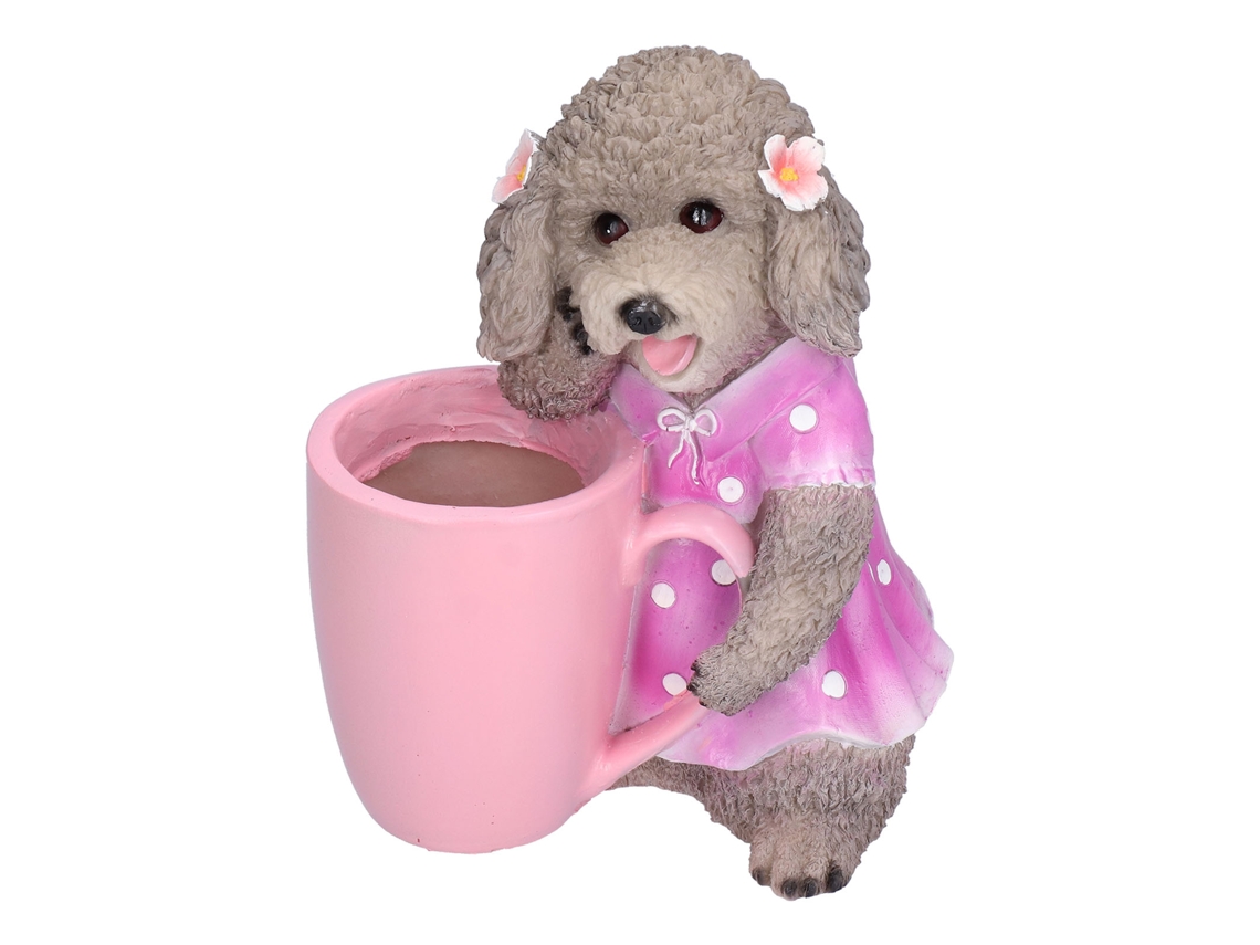 Vaso Decorativo Cão Resina Pintado Manual Jardim Cinza