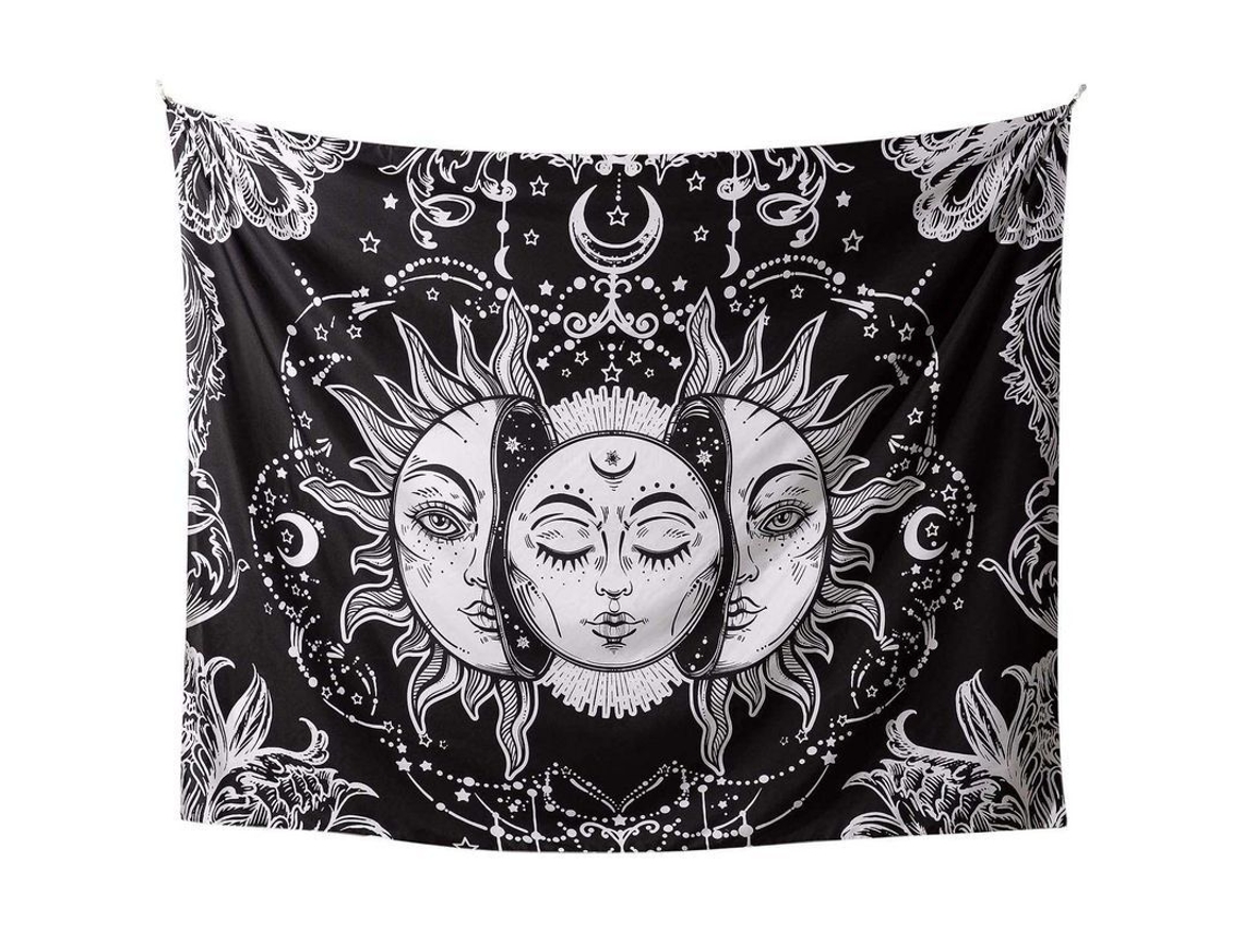 Tapestry Parede Sol e Lua, Tapestry Místico Preto e Branco com Sol Ardente e Estrelas