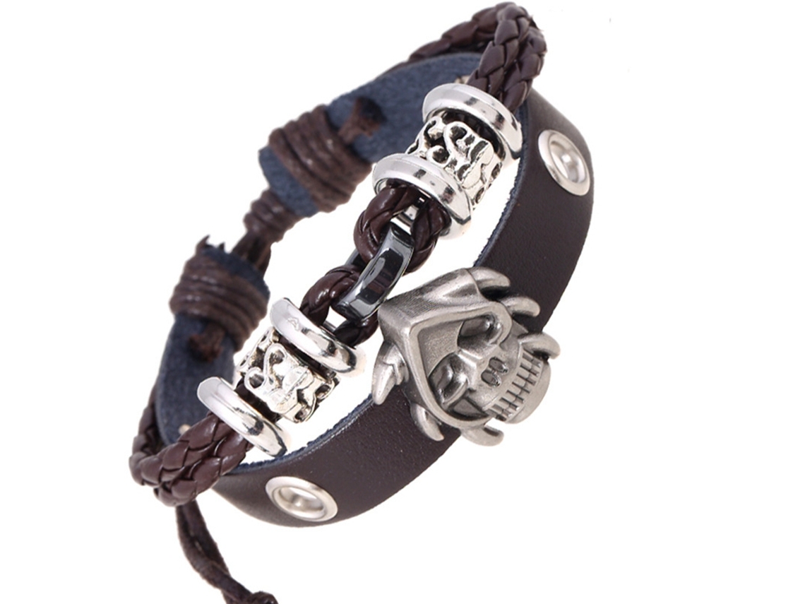 Pulseira Ajustável Caveira Em Couro