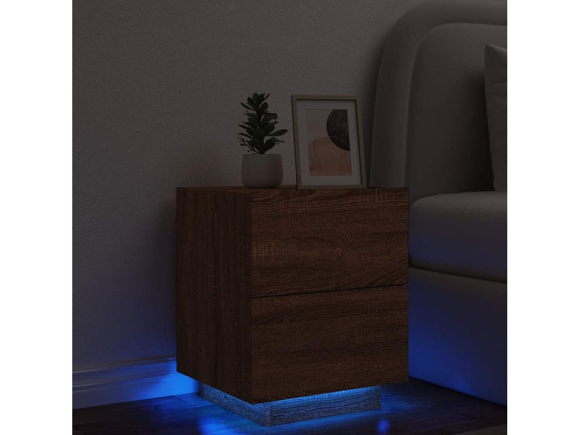 Vidaxl Mesa Cabeceira C/ Luzes Led Derivados Madeira Carvalho Castanho