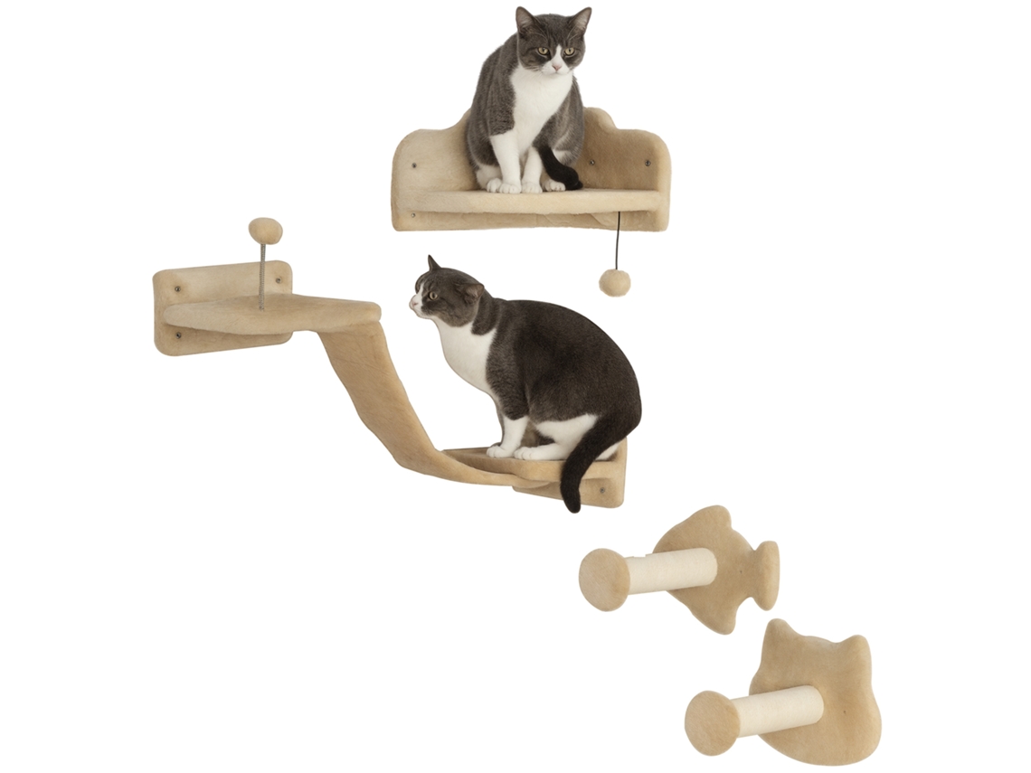 Arranhador de Parede para Gatos com 2 Postes de Sisal, Plataforma Dupla com Escada Macia e 1 Plataforma Bege para Pular Ge
