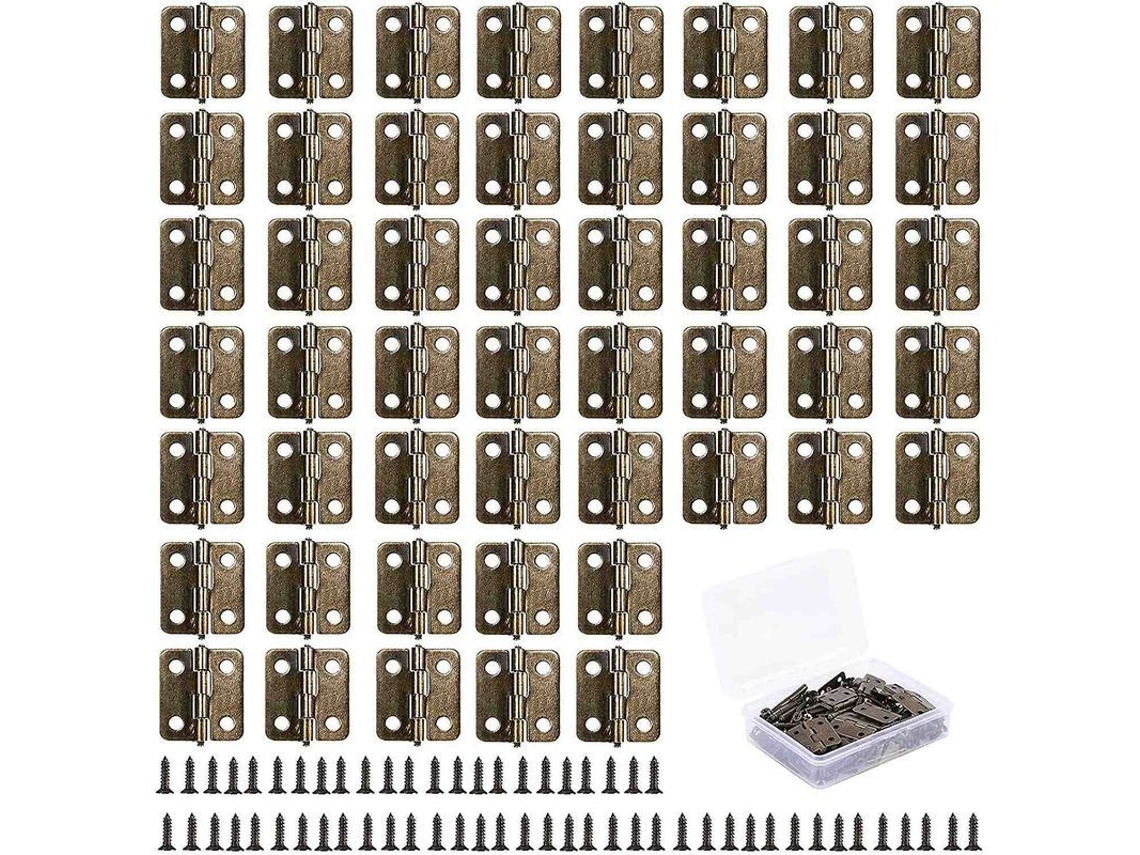 Yuru 50 Dobradiças Antigas de Bronze Pequenas 18x16mm com 200 Parafusos para Caixas de Madeira, Armários e Projetos Diy