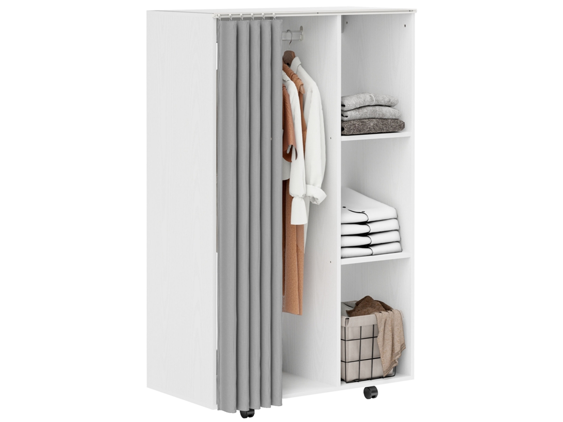 Guarda-roupa Móvel Branco Com 4 Rodas, Cabideiro E Prateleiras Abertas, Design Moderno E Ideal Para Organizar Roupas E Acessórios.