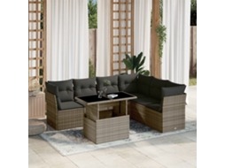 7 Pcs Conjunto Sofás P/ Jardim C/ Almofadões Vime Pe Cinza Dkd Home Decor