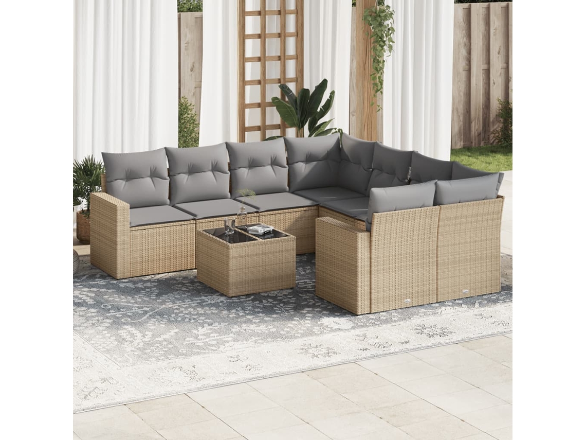 Vidaxl 9 Pcs Conjunto De Sofás P/ Jardim Com Almofadões Vime Pe Bege