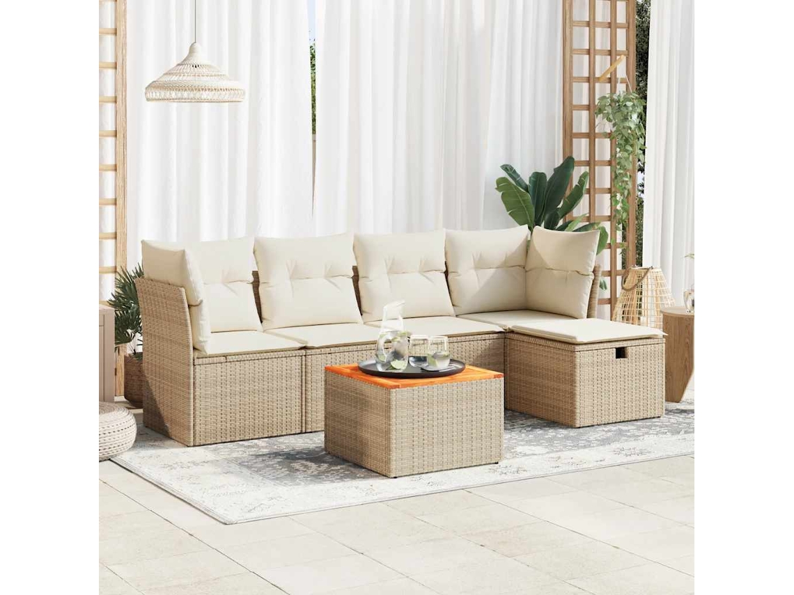 Vidaxl 6 Pcs Conjunto De Sofás P/ Jardim Com Almofadões Vime Pe Bege