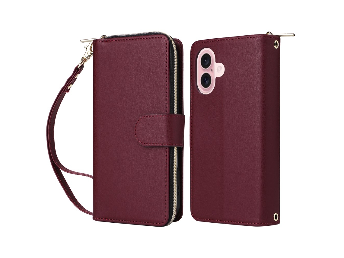 Capa Em Couro Pu Com Pega Para Apple Iphone 16 Vinho Tinto
