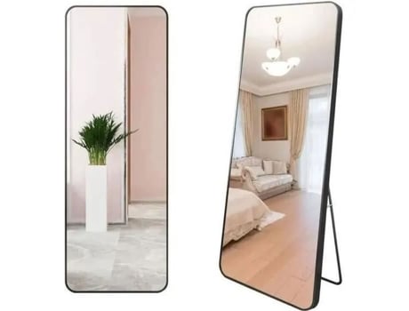 Espelho Wevalley de 137 x 37 cm para montagem no chão ou na parede, feito de liga de alumínio com moldura preta.