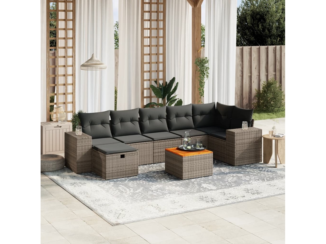 Vidaxl 8 Pcs Conjunto Sofás De Jardim C/ Almofadões Vime Pe Cinzento