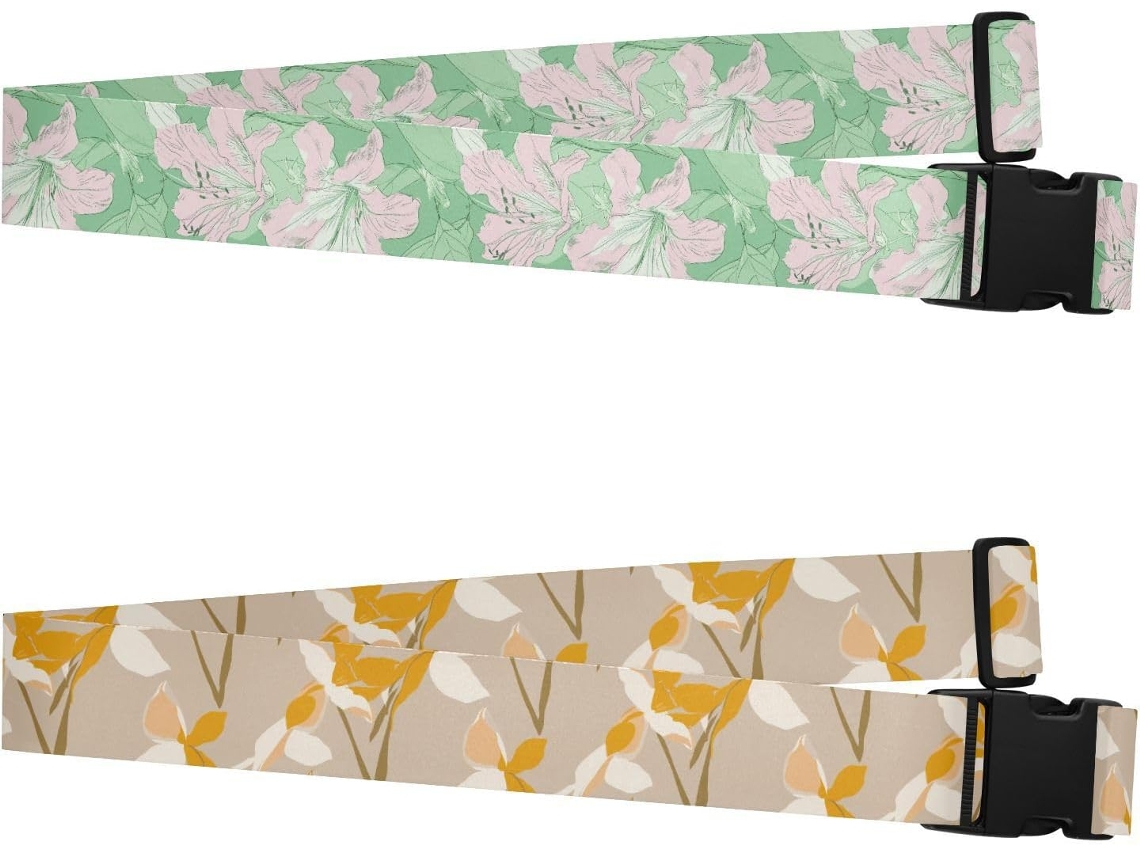 Conjunto De 2 Cintas Bagagem Ilustradas Verde Azaleia, Sálvia E Pêssego Cintas Resistentes Ajustáveis Viagens