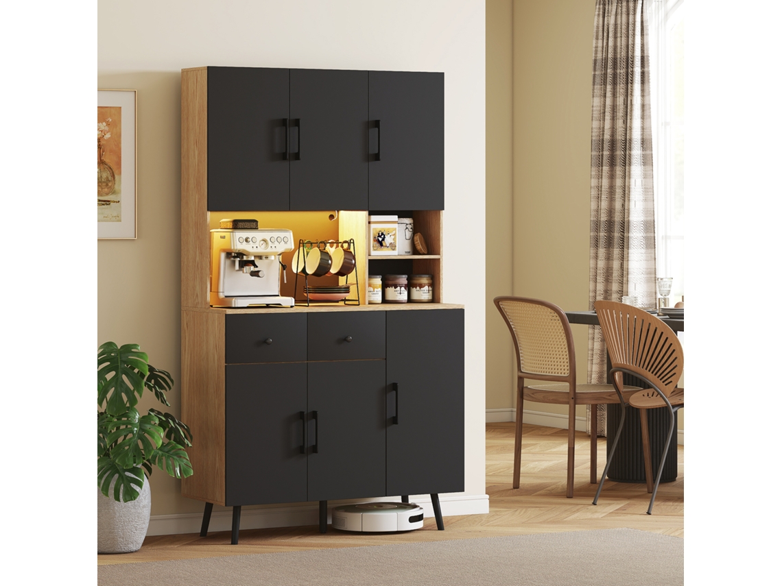 Armário De Cozinha Alto Com Luzes Led Rgb Com 6 Portas 2 Gavetas Bancada 100x40x176 Cm Preto E Madeira