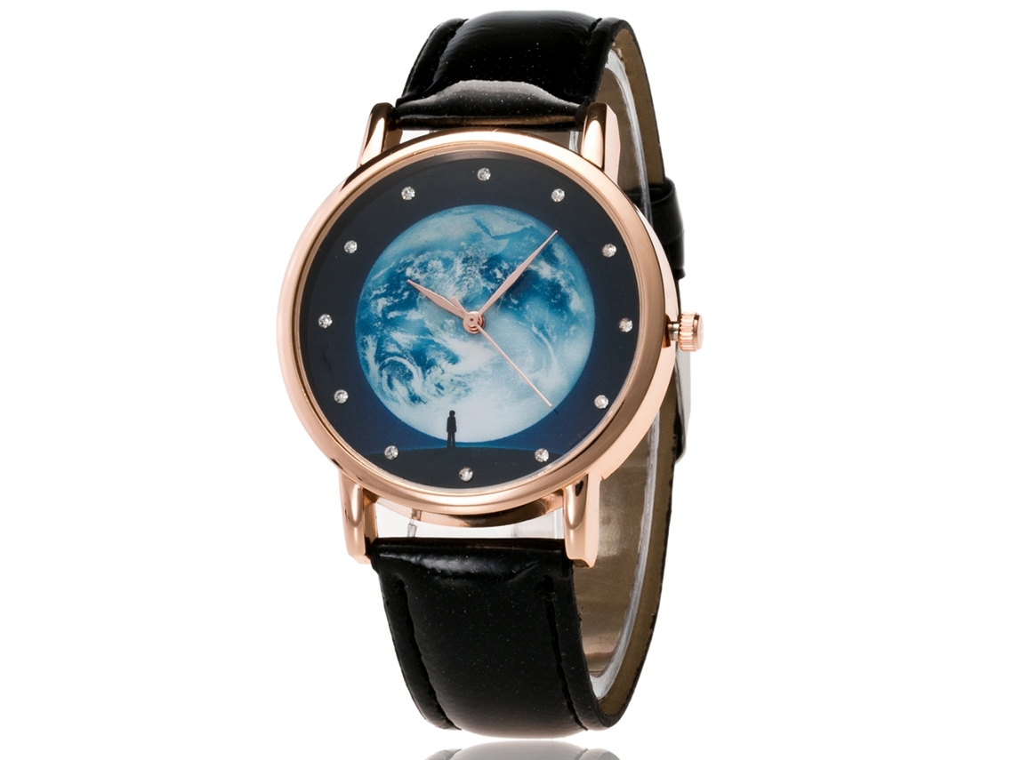 Relógio de Pulso Feminino de Quartzo com Pulseira de Couro Pu e Mostrador Céu Estrelado Preto