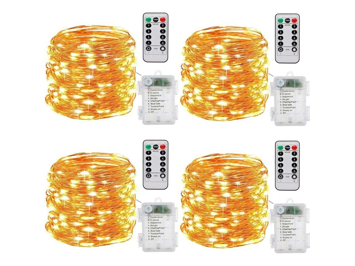 Cordón De Luces Con Batería, conjunto De 4 10m 100 Leds Con Función De Temporizador, Control Remoto, Ip65 Impermeable, Cálido