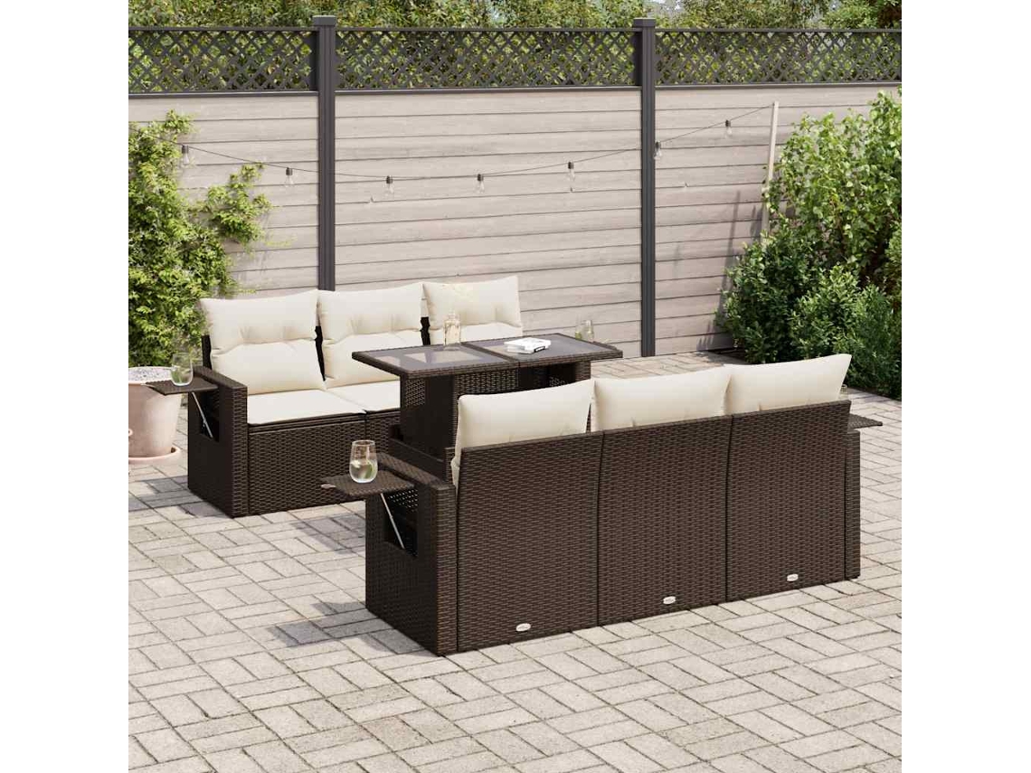 Vidaxl 7 Pcs Conjunto De Sofás Jardim C/ Almofadões Vime Pe Castanho
