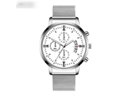 Relógio masculino de quartzo com calendário, mostrador redondo, pulseira de aço, prateado e branco.