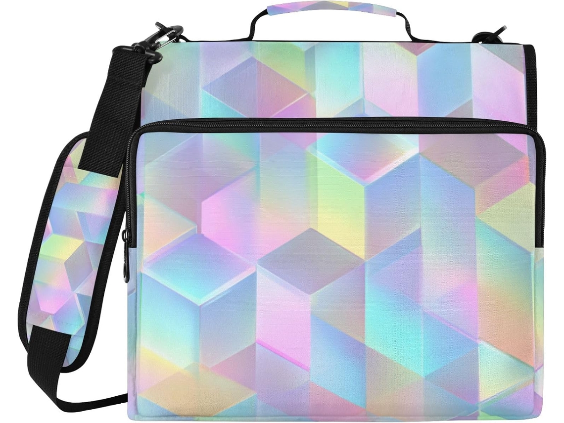 Pasta Holograma Cube Neon Com 3 Argolas E Zíper, Alça, Inclui Bolso Com Zíper, Organizador De Documentos Escritório