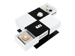 Mesa Centro 70×70×35,5cm, Preto+branco, 2gavetas, Armazenamento, Alto Brilho-hw