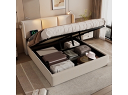 Cama Estofada 160x200 Linho Com Baú Usb Luz Leitura
