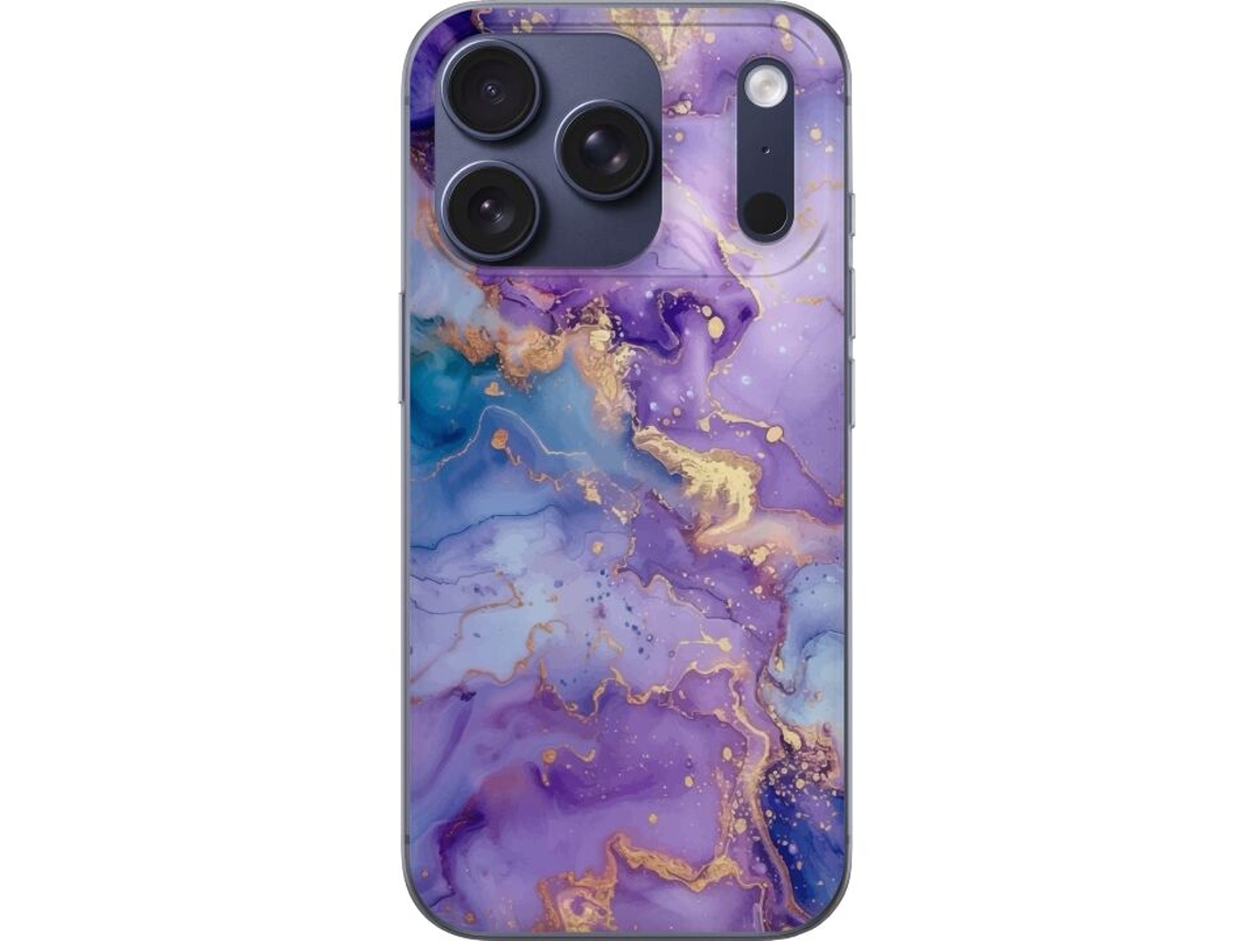 Capa Para Celular Compatível Com Apple Iphone 17 Pro. Estampa De Mármore Fluido Em Tons De Roxo, Azul E Dourado, Com Design Elegante E Artístico.
