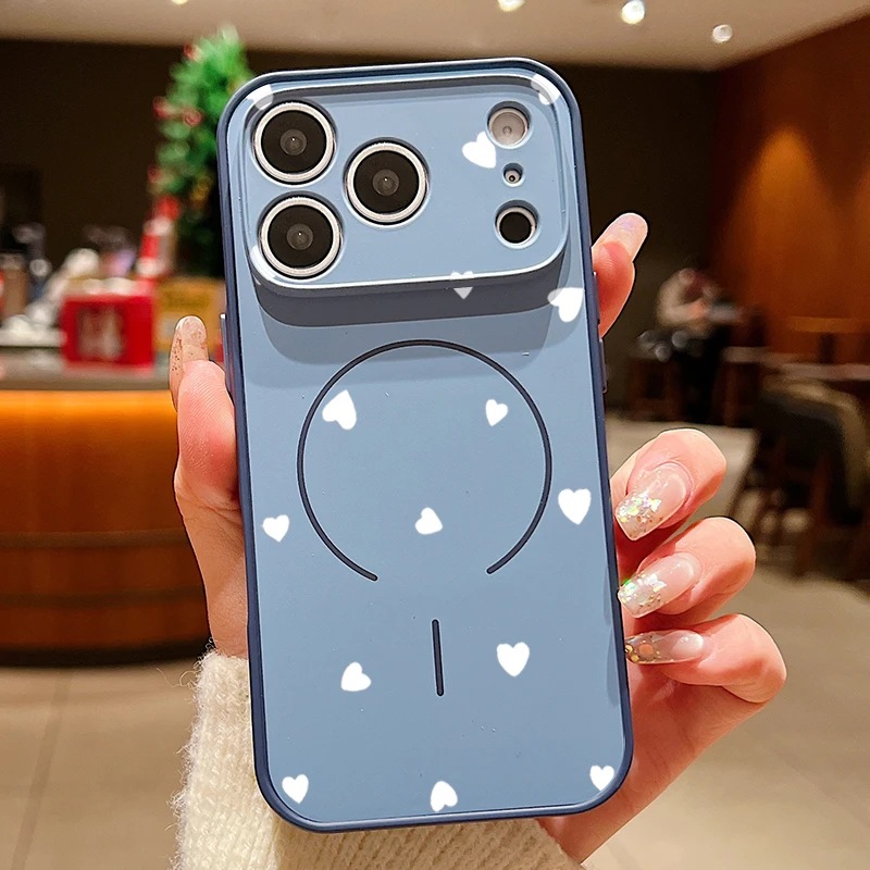 Capa Magnética Rígida Para Iphone 15 Pro Com Estampa De Coração (azul).