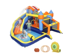 Castelo aquático inflável 8 em 1 com soprador de 550 W, escorregador, trampolim, parede de escalada, piscina, gol de gol, cesta de basquete e máquina de arremesso.