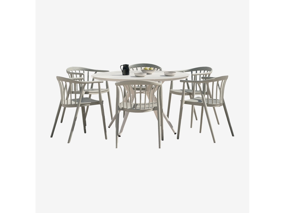 Conjunto De Mesa Redonda De Alumínio Valerie E 6 Cadeiras De Jardim Ivor Alumínio Verde Cáqui Sklum (ø125 Cm)