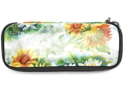 Eu guardo lápis de aquarela, com estampa de girassóis amarelos, grande capacidade, ideal para escola, mesa de trabalho.