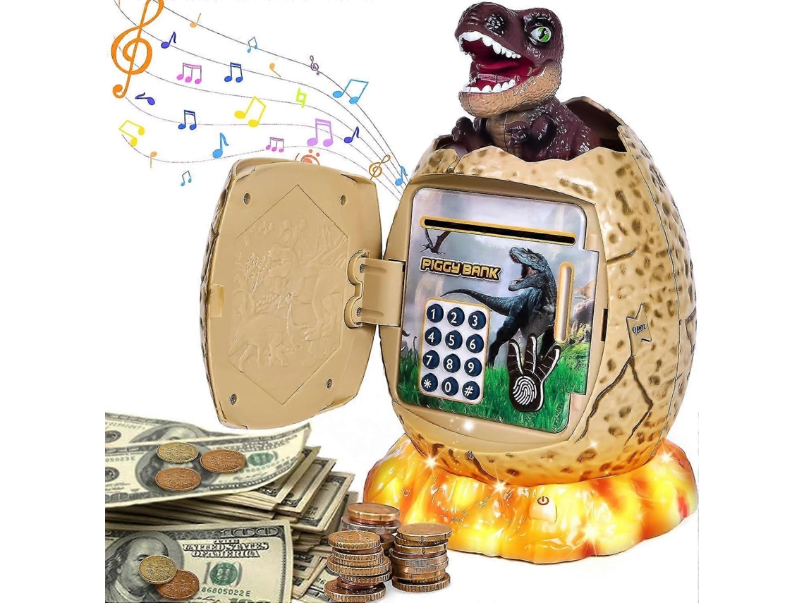 Cofrinho Infantil Formato Ovo Dinossauro Senha Segurança Música Luz Meninos Meninas Marrom Prova Caixas Eletrônicos