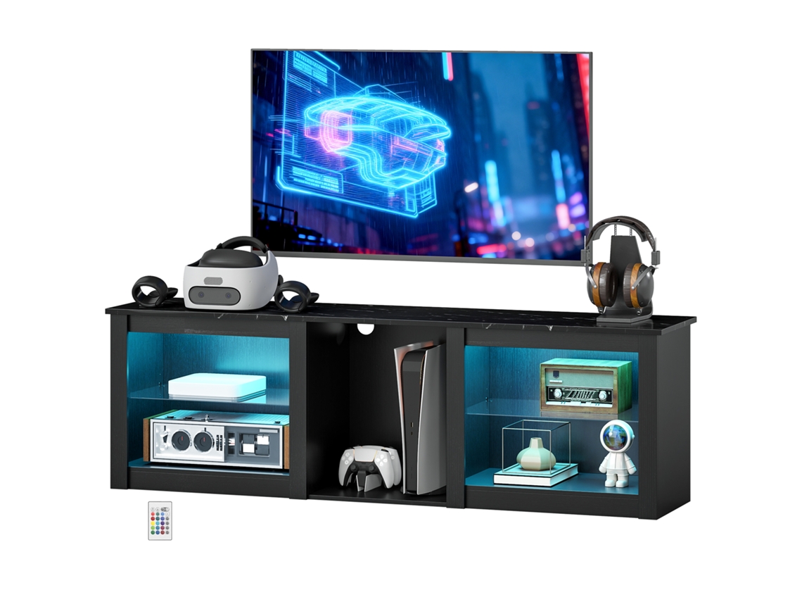 Suporte De Tv Com Iluminação Led Para Tv De Até 65 Polegadas, Preto, Vidro, Com Prateleiras De Ajustáveis, 160 Cm