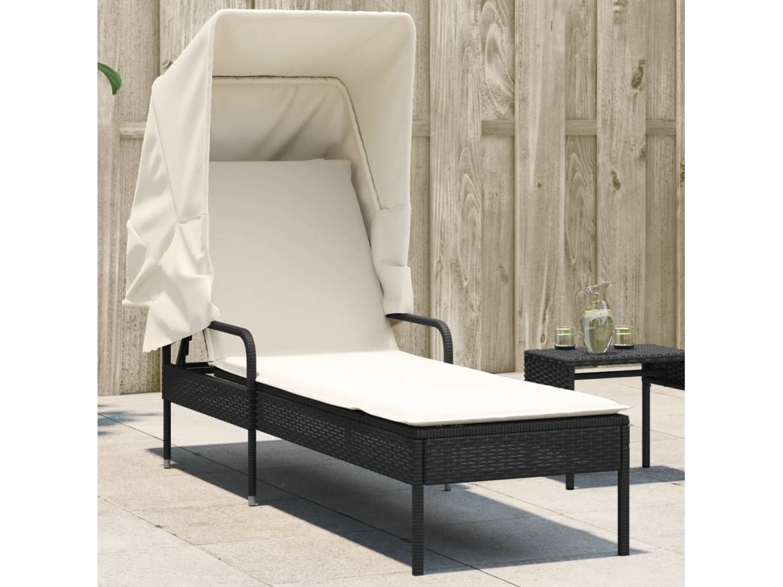 Vidaxl Espreguiçadeira Com Toldo Vime Pe Preto