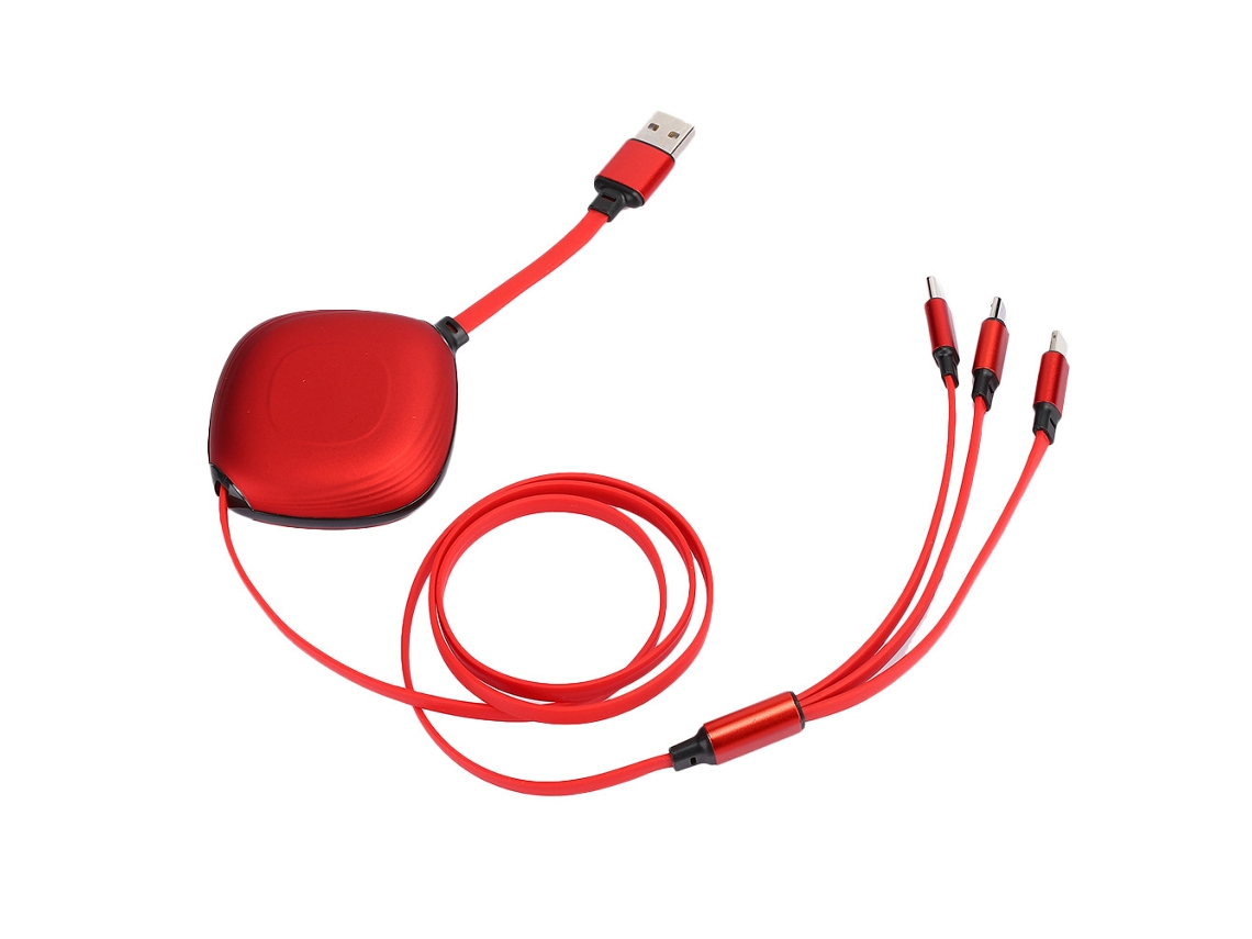 Cabo de carga rápida 3 em 1, TPE flexível, estiramento unidirecional, 1 m, para iOS e Android, tipo C, vermelho