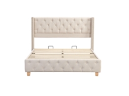 Cama Estofada 160x200 Cm Em Linho Bege Com Acabamento Com Tachas