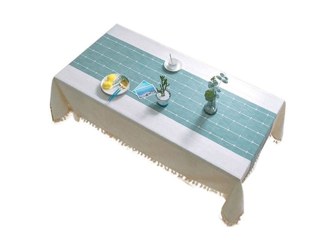 Lurelia Toalha De Mesa Algodão Linho Branco Verde 140x180cm Antirrugas Bordado Borlas Xadrez