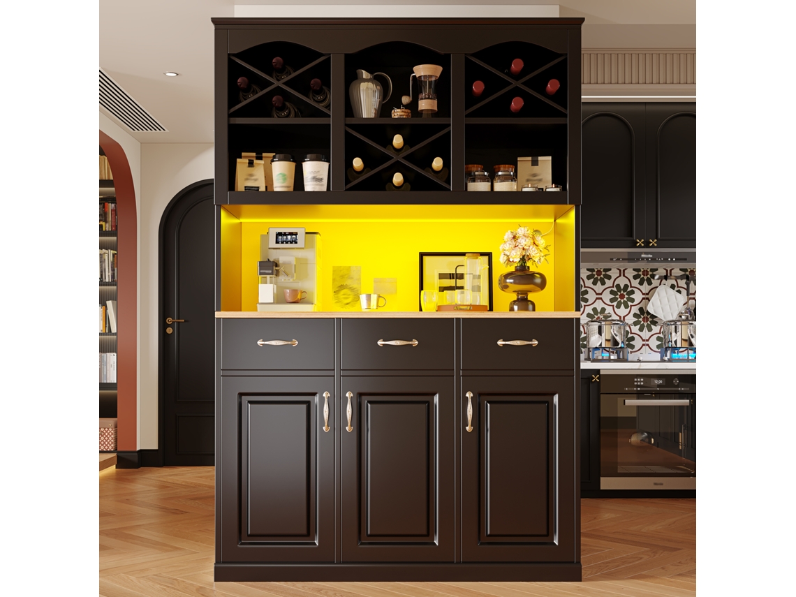 Buffet Alto De Cozinha 120×40×180cm, Três Portas, Três Gavetas, Iluminação Led, Arrumação Versátil Para Snacks Cor Preta