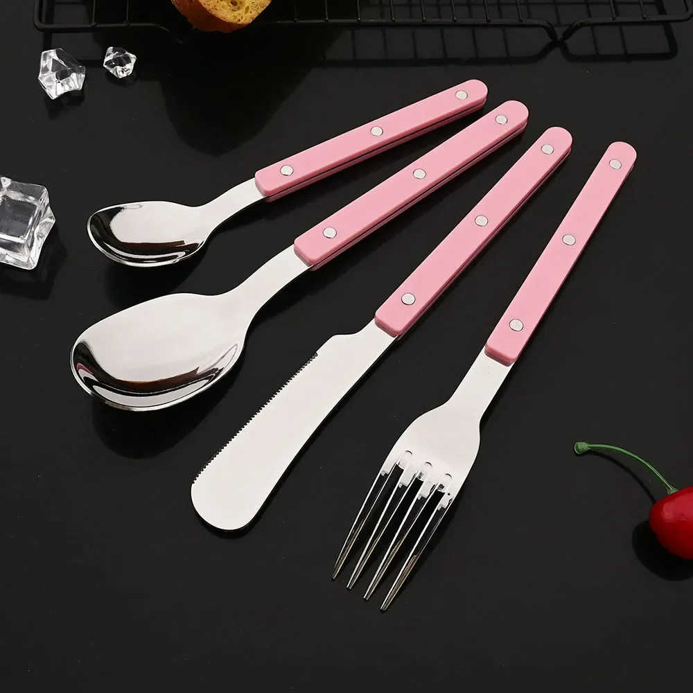 Talheres de Aço Inoxidável com Alça Acrílica, Incluindo Faca, Garfo e Colher, Cozinha para Uso Doméstico MDUG (cor de rosa, Conjunto de 4 Peças)