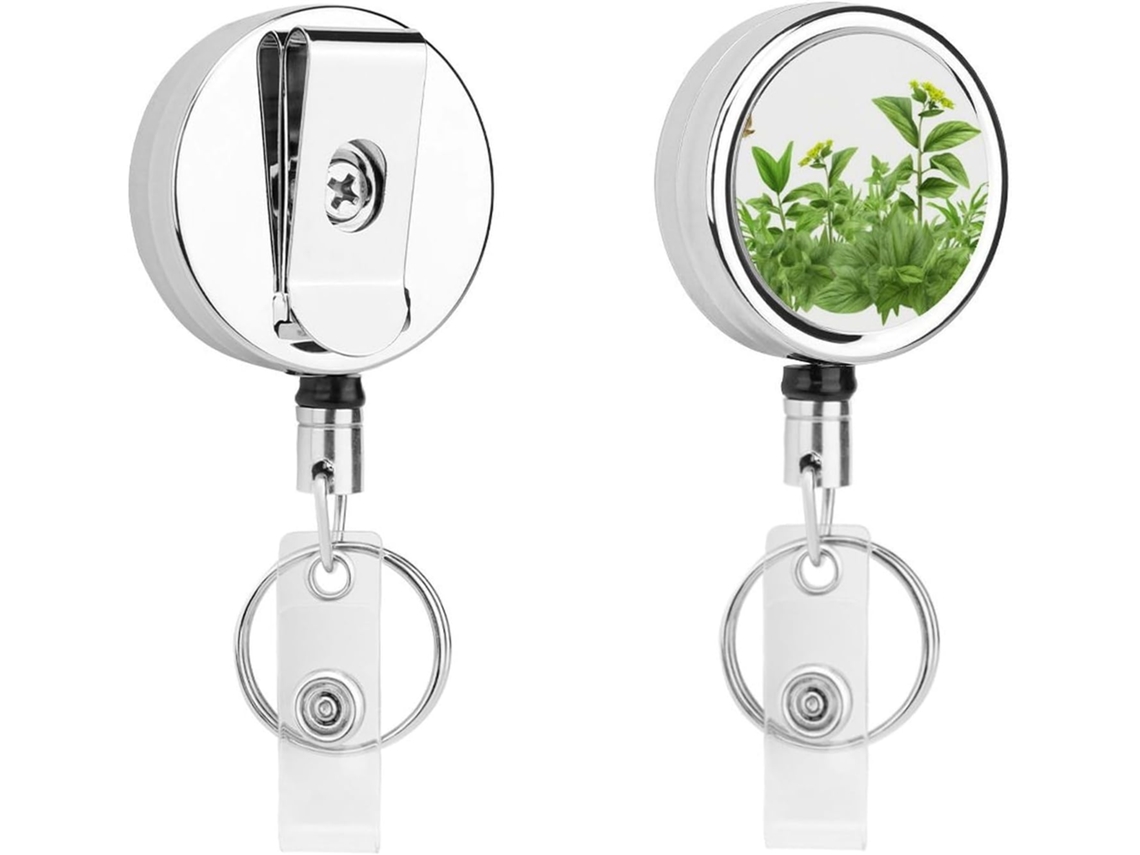 Porta Crachá Retrátil Com Clipe Cinto E Argola Chaveiro, Com Estampa De Folhas Ervas, Bobinas De Metal Resistentes