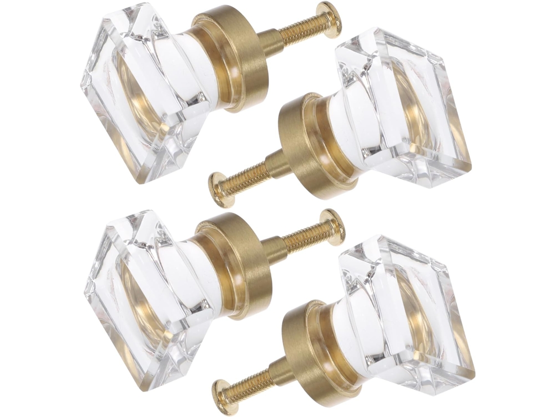 Conjunto De 4 Puxadores Cristal Modernos E Decorativos Para Armários Cozinha, Gavetas E Cômodas, Em Latão