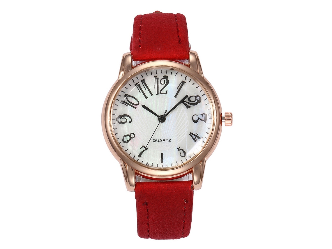 Relógio de Pulso Feminino Vansvar com Pulseira Pu e Dial Redondo Números Árabes Vermelho