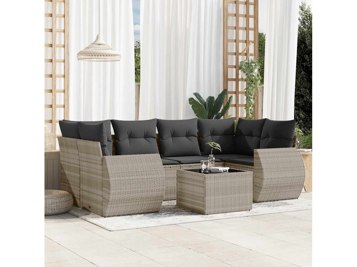 Vidaxl 7 Pcs Conj. Sofás Jardim Com Almofadões Vime Pe Cinzento-claro