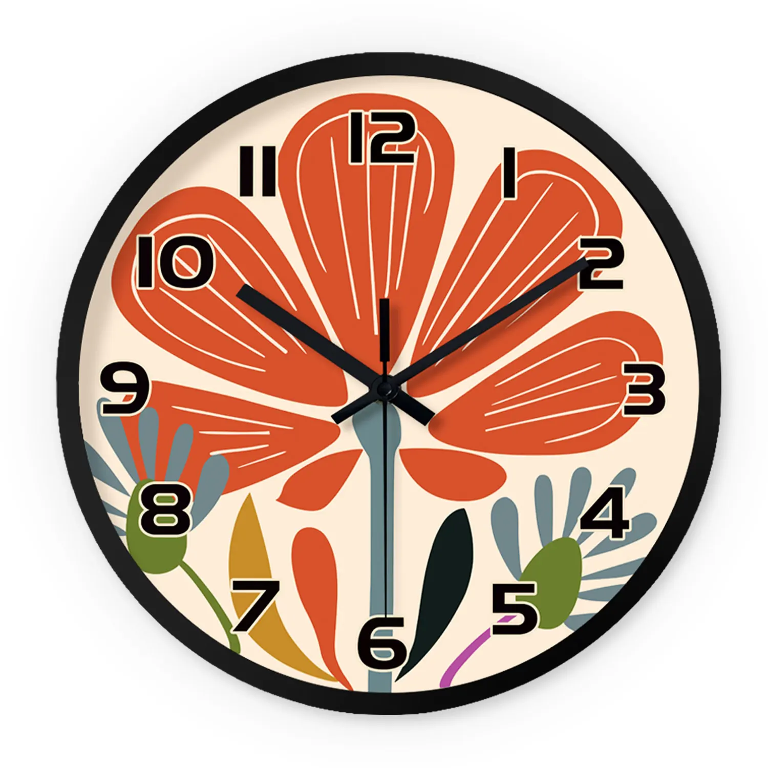 Relógio de parede de 20 cm (8 polegadas) em peça única, com arte abstrata japonesa moderna e estampa floral em plástico e vidro.
