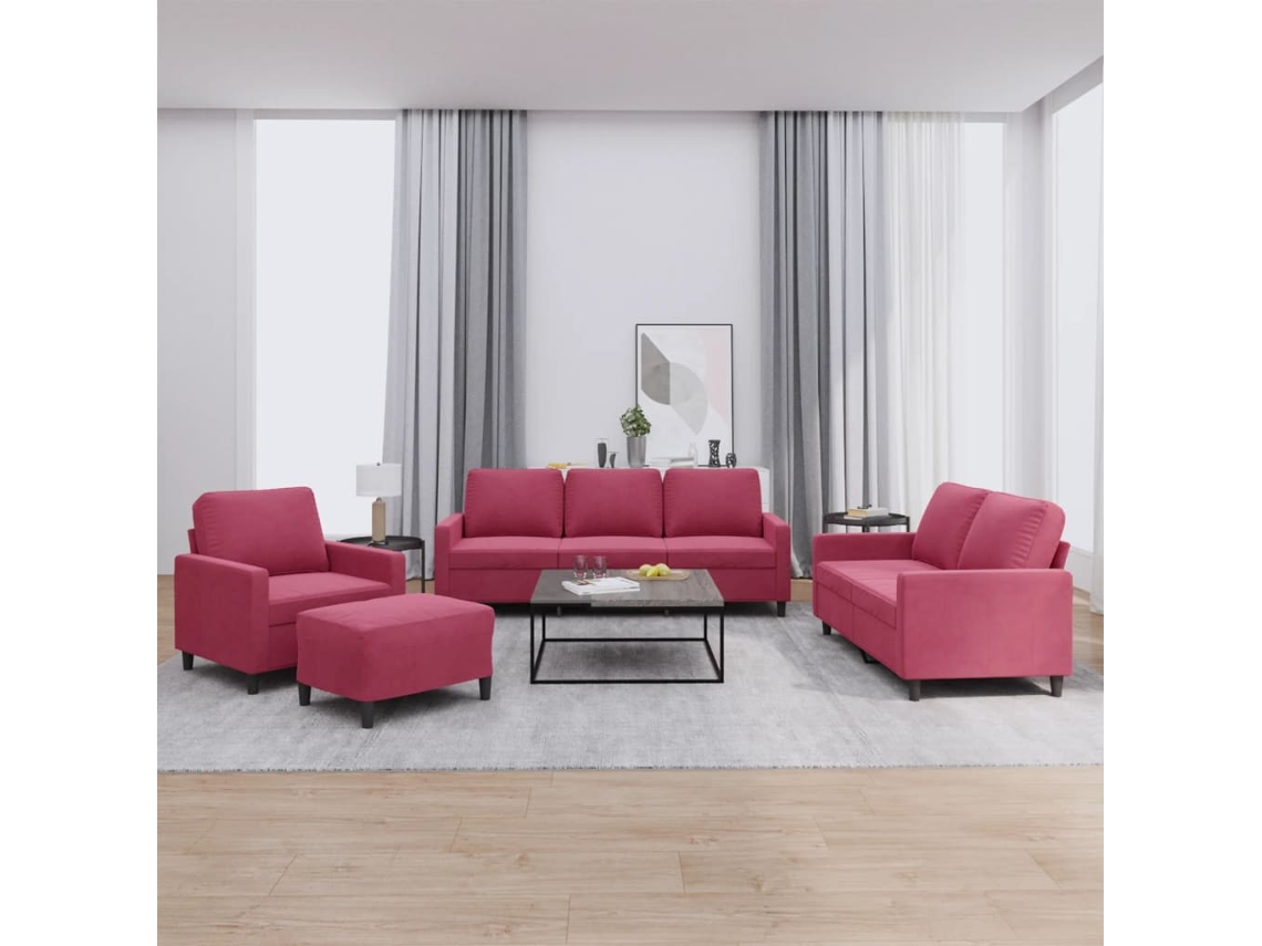 Vidaxl 4 Pcs Conjunto De Sofás Com Almofadões Veludo Vermelho Tinto