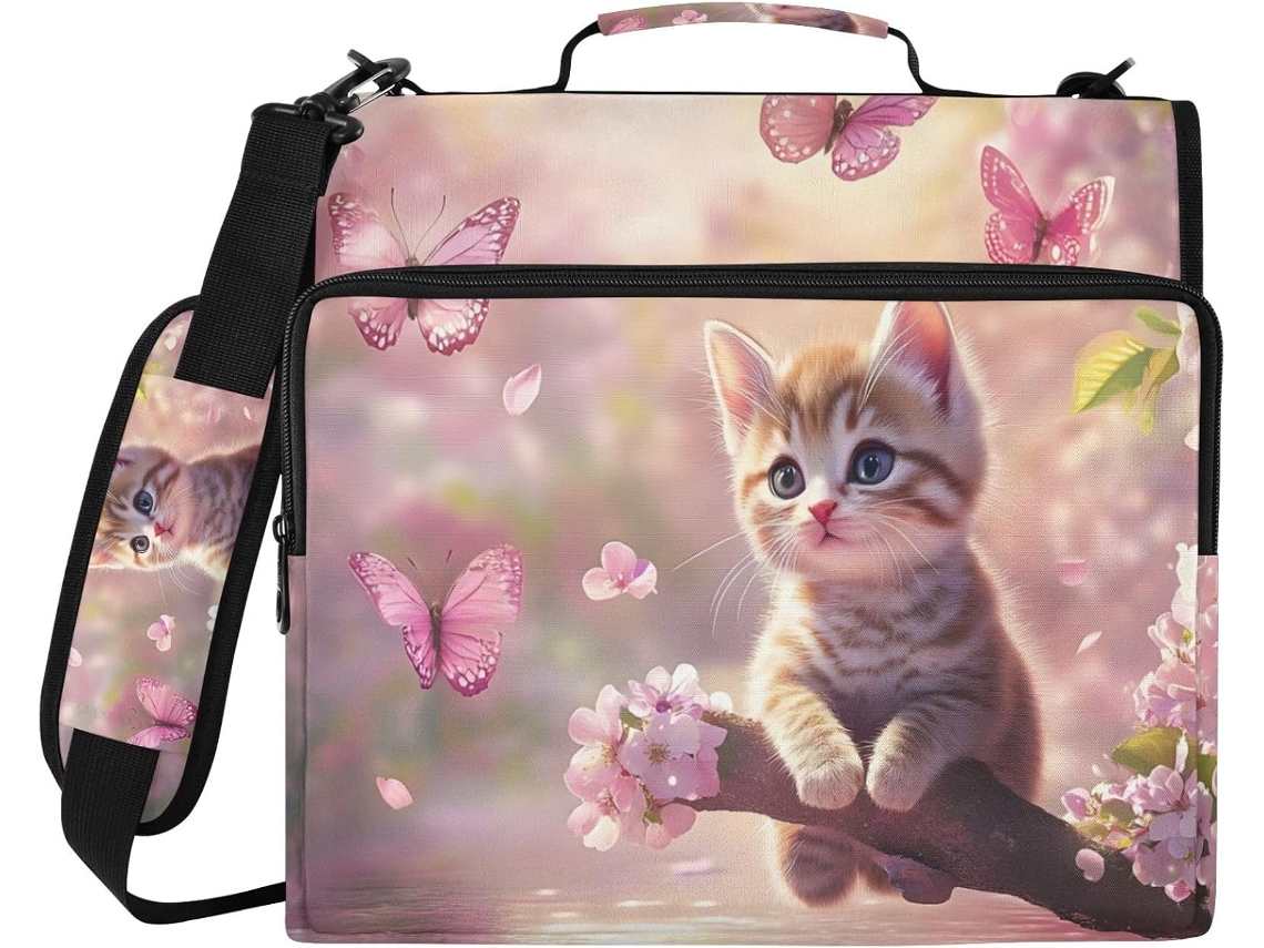 Bolsa Organizadora Gatinho Flor De Cerejeira, Impermeável, Com Fecho De 3 Anéis E Compartimento Laptop