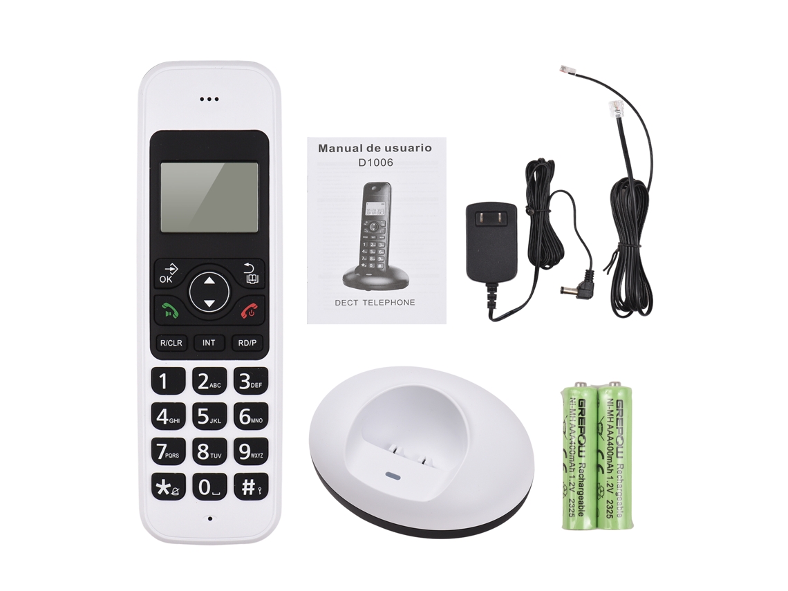Telefone sem fio expansível com LCD, antena e memória para escritório e casa.
