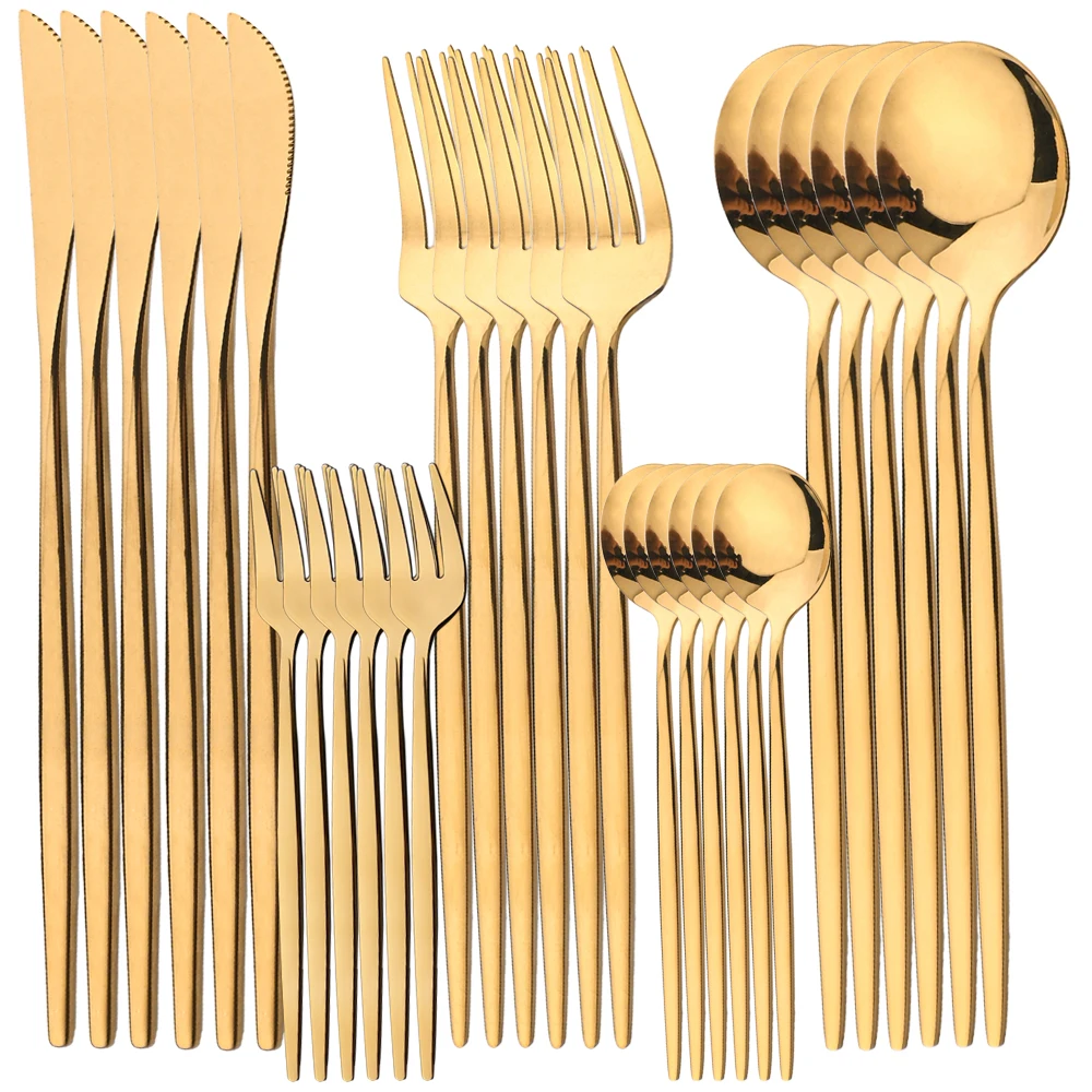 Conjunto de Talheres de Aço Inoxidável com 30 Peças, Incluindo Facas, Garfos, Colheres, Pratos, Etc. MDUG (dourado)