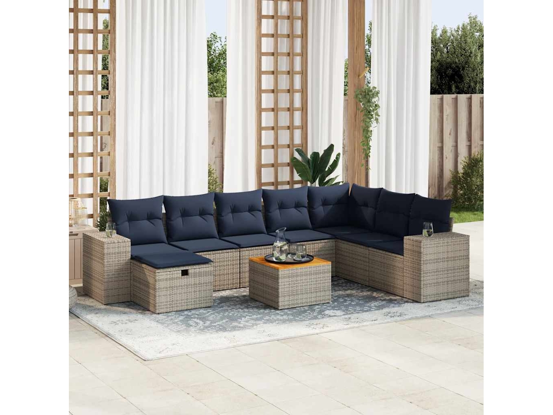 Vidaxl 9 Pcs Conjunto Sofás P/ Jardim Com Almofadões Vime Pe Cinzento