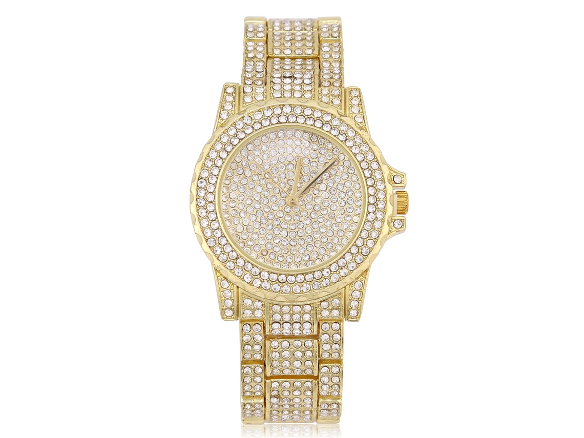 Relógio de Pulso Feminino Analógico Redondo Quartzo Strass Ouro para Vestir
