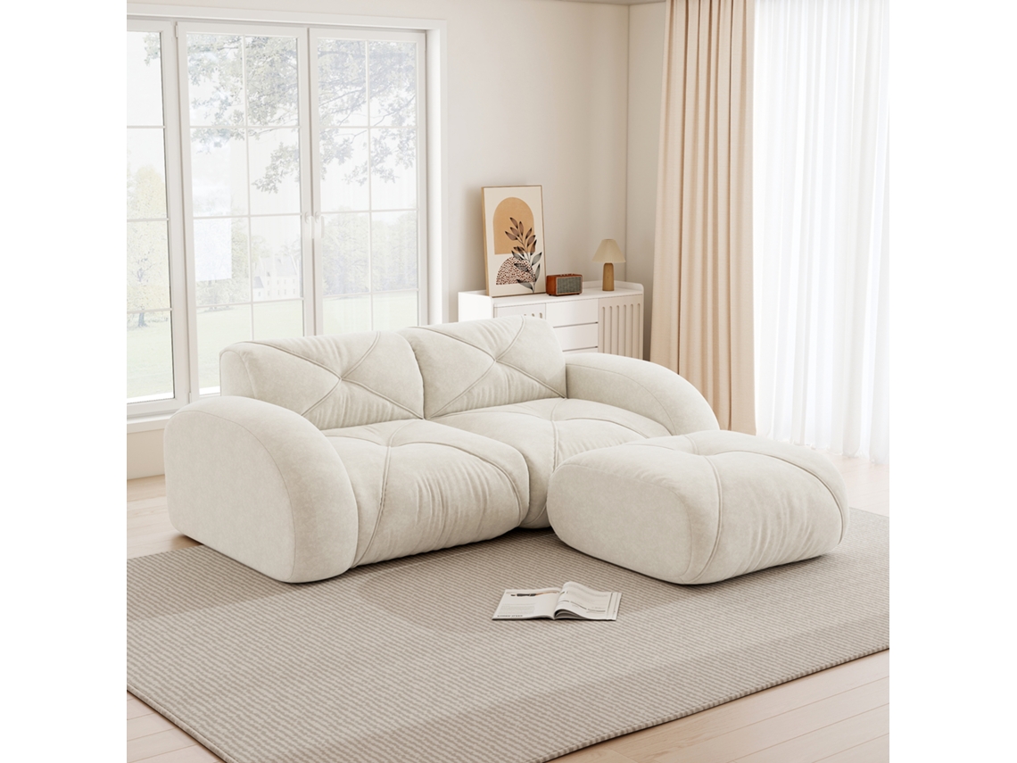 Sofá Modular 2 Lugares Com Pufe, Chenille E Espuma 32d, Branco